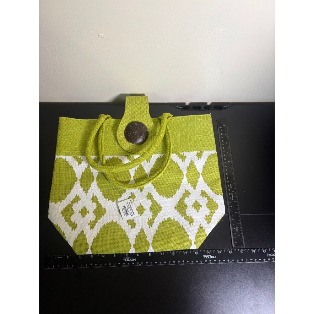 The Royal Standard Hailey Jute Tote Bag Lime Green White Ikat Button 34262 NEW